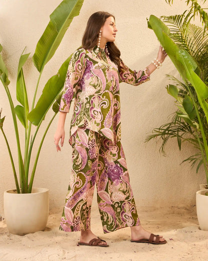 Green Paisley Printed Pure Cotton Shirt & Trousers Co-Ord Set