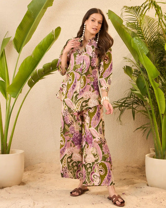 Green Paisley Printed Pure Cotton Shirt & Trousers Co-Ord Set