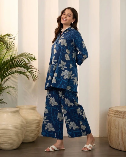 Indigo Blue Floral Pure Cotton Shirt Collar Co-Ord Set