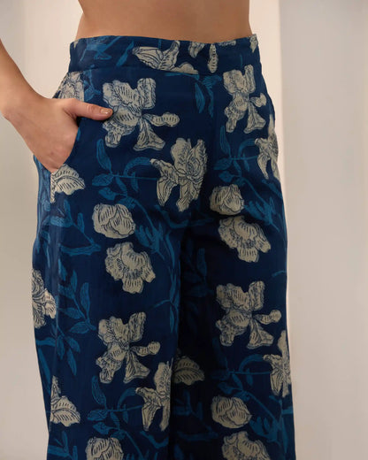 Indigo Blue Floral Pure Cotton Shirt Collar Co-Ord Set