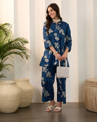 Indigo Blue Floral Pure Cotton Shirt Collar Co-Ord Set