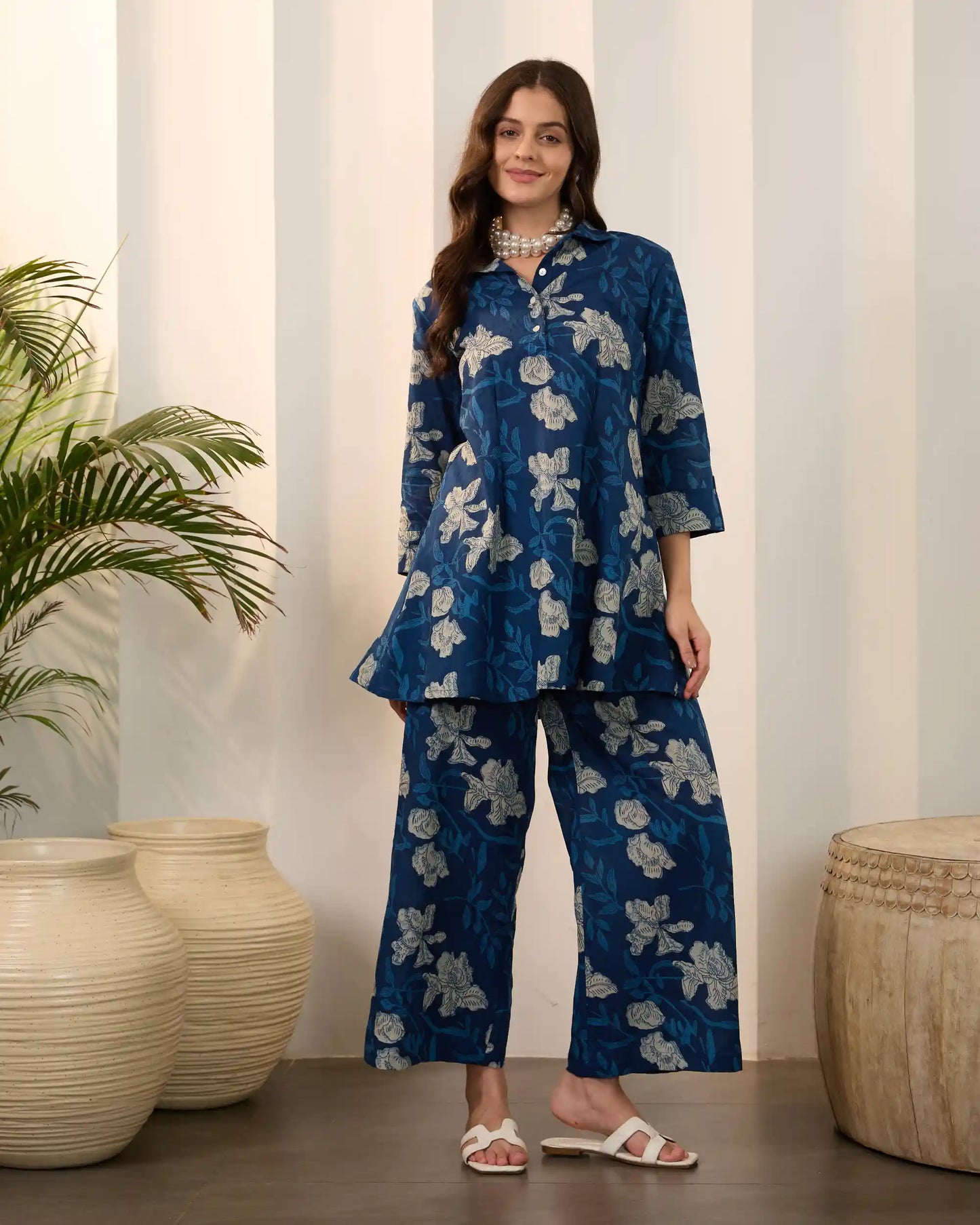 Indigo Blue Floral Pure Cotton Shirt Collar Co-Ord Set