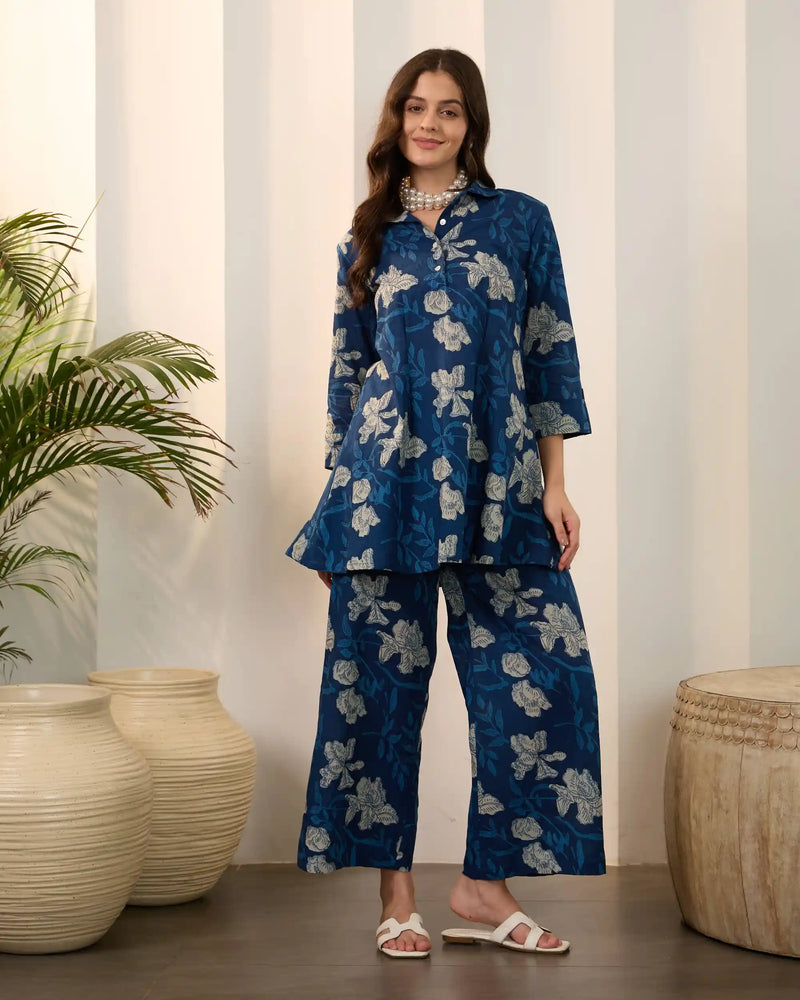 Indigo Blue Floral Pure Cotton Shirt Collar Co-Ord Set