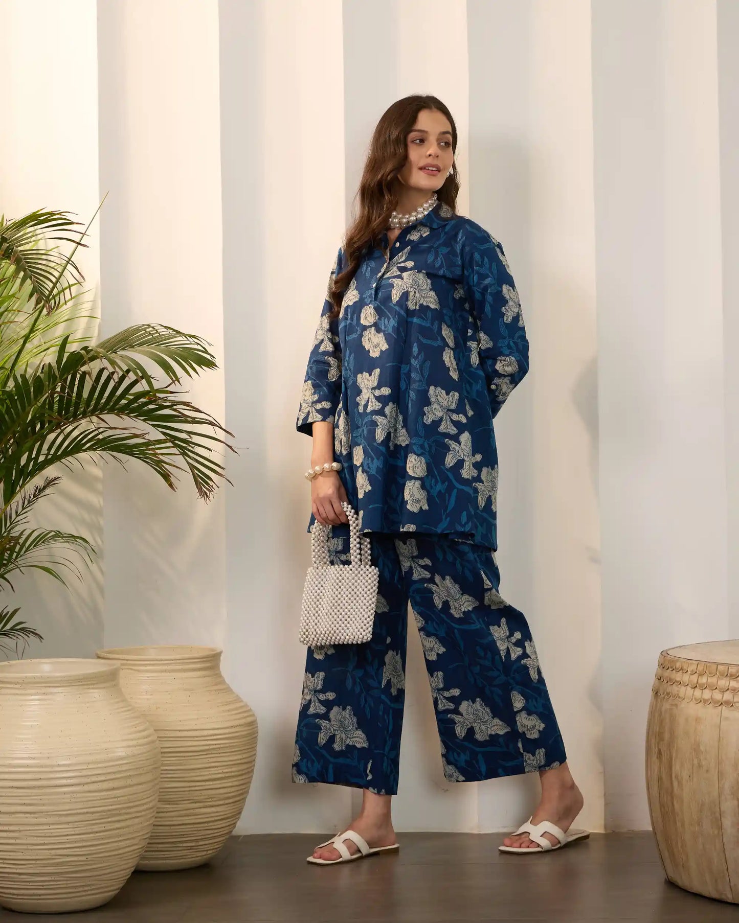 Indigo Blue Floral Pure Cotton Shirt Collar Co-Ord Set