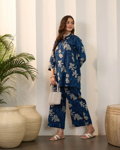 Indigo Blue Floral Pure Cotton Shirt Collar Co-Ord Set
