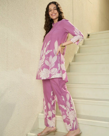 Lavender Floral Pure Cotton Mandarin Neck Tunic & Trouser Set