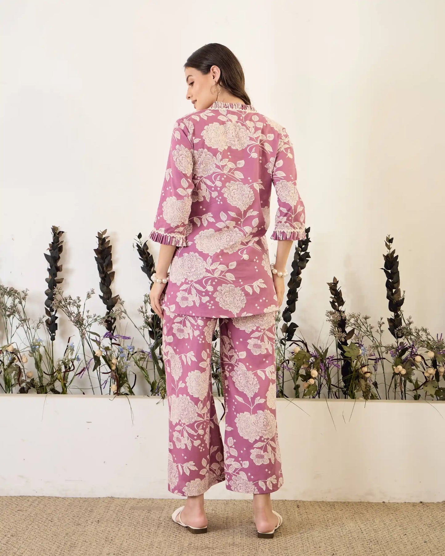 Lavender Floral Pure Cotton V-Neck Top & Trouser Co-Ord Set