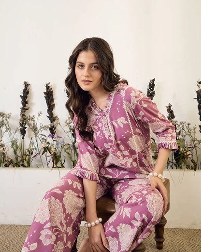 Lavender Floral Pure Cotton V-Neck Top & Trouser Co-Ord Set