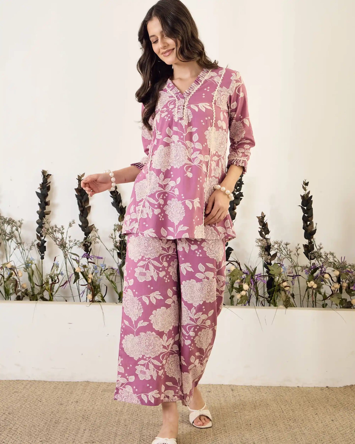 Lavender Floral Pure Cotton V-Neck Top & Trouser Co-Ord Set
