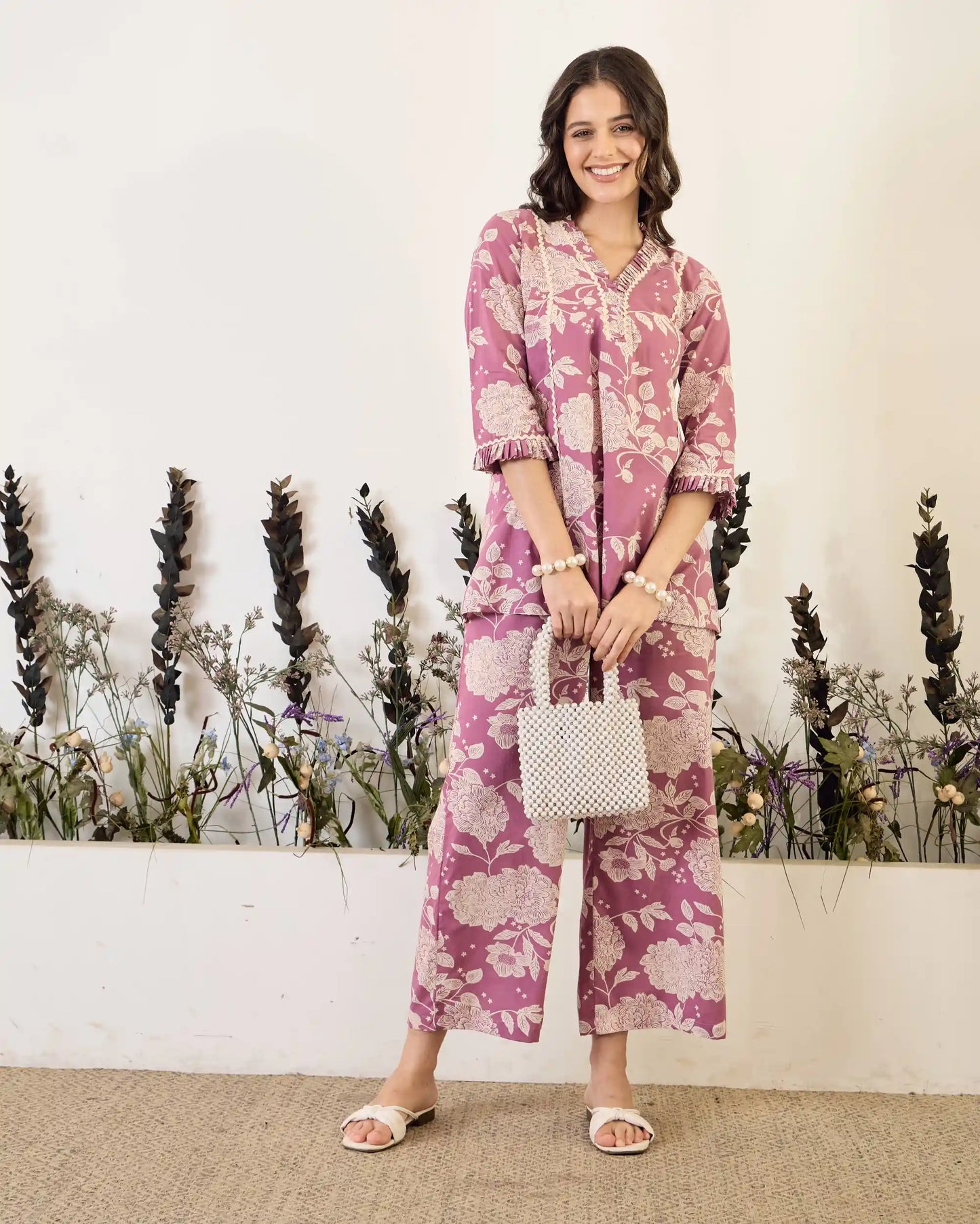 Lavender Floral Pure Cotton V-Neck Top & Trouser Co-Ord Set