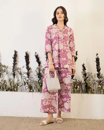 Lavender Floral Pure Cotton V-Neck Top & Trouser Co-Ord Set