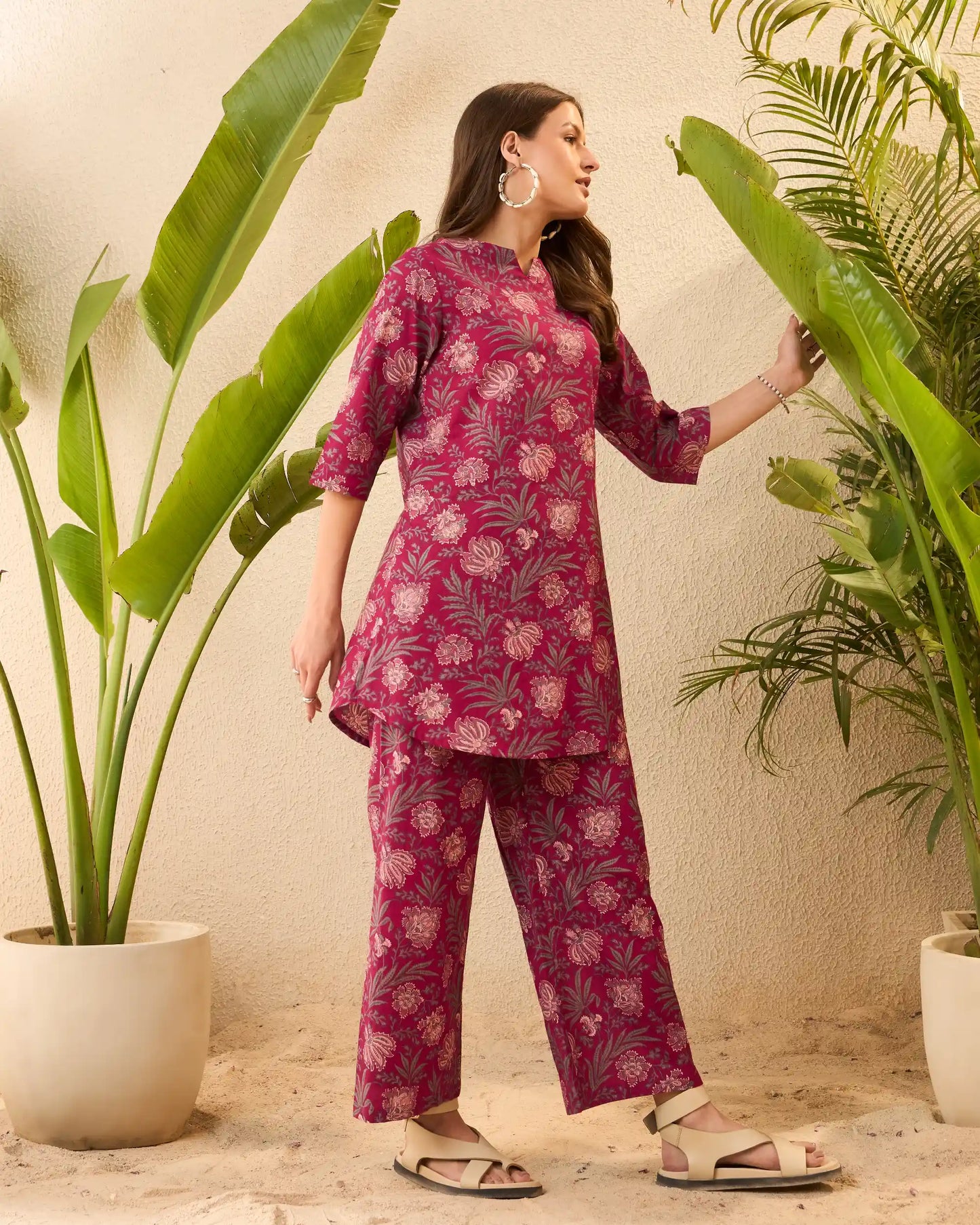 Maroon Floral Pure Cotton Round Neck Top & Palazzo Co-Ord Set