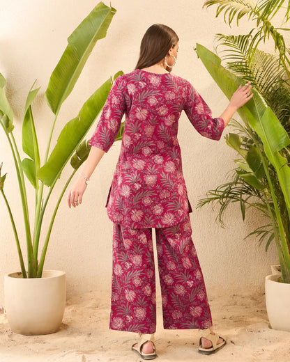 Maroon Floral Pure Cotton Round Neck Top & Palazzo Co-Ord Set