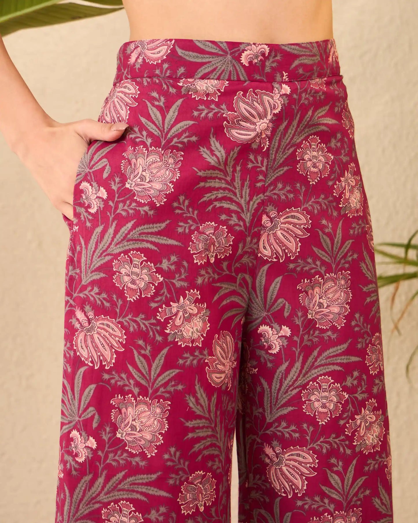Maroon Floral Pure Cotton Round Neck Top & Palazzo Co-Ord Set