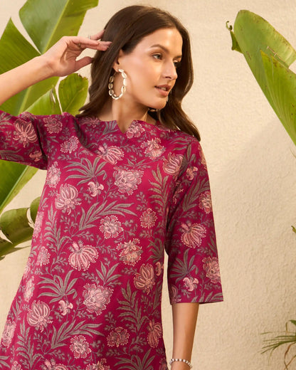 Maroon Floral Pure Cotton Round Neck Top & Palazzo Co-Ord Set