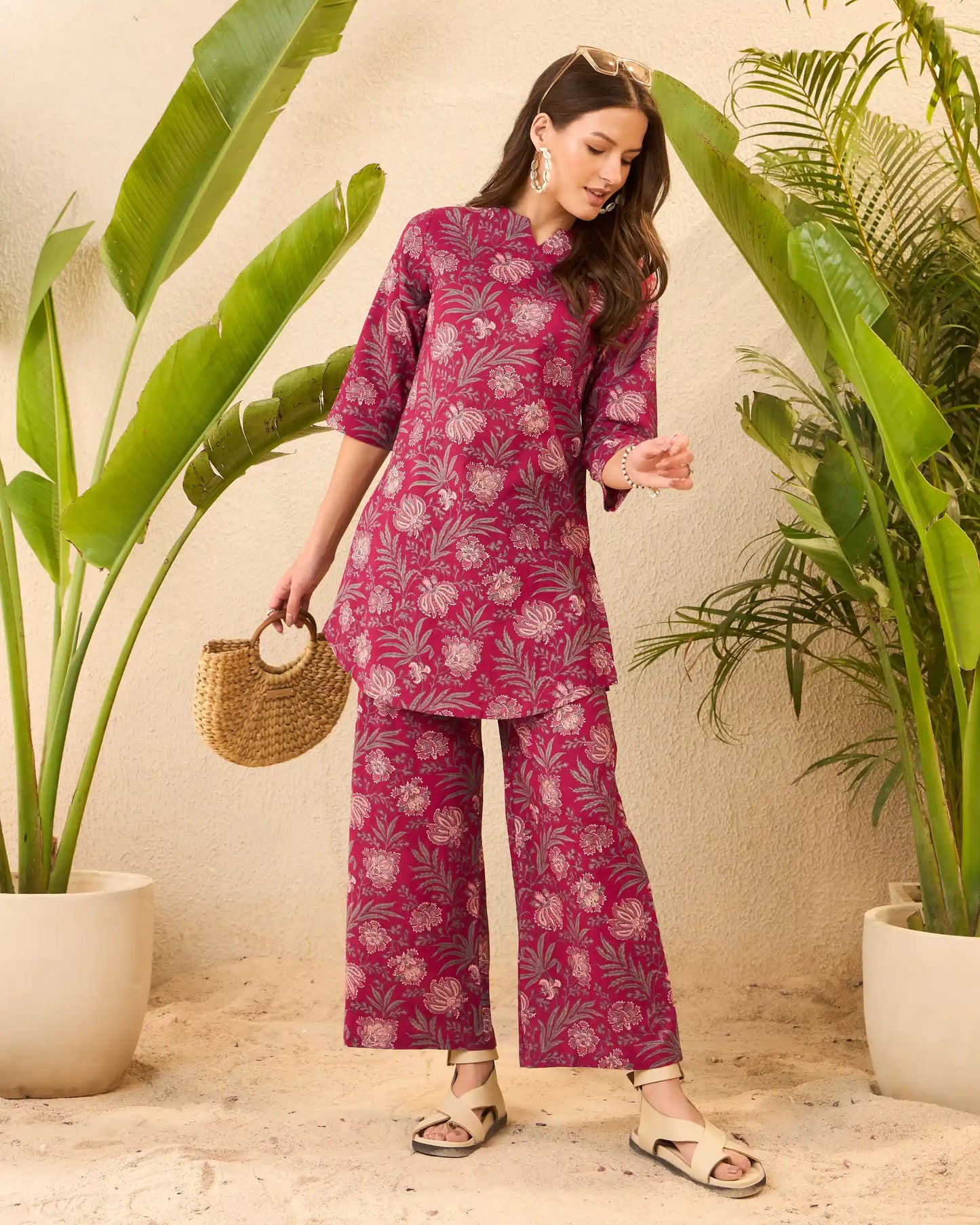 Maroon Floral Pure Cotton Round Neck Top & Palazzo Co-Ord Set