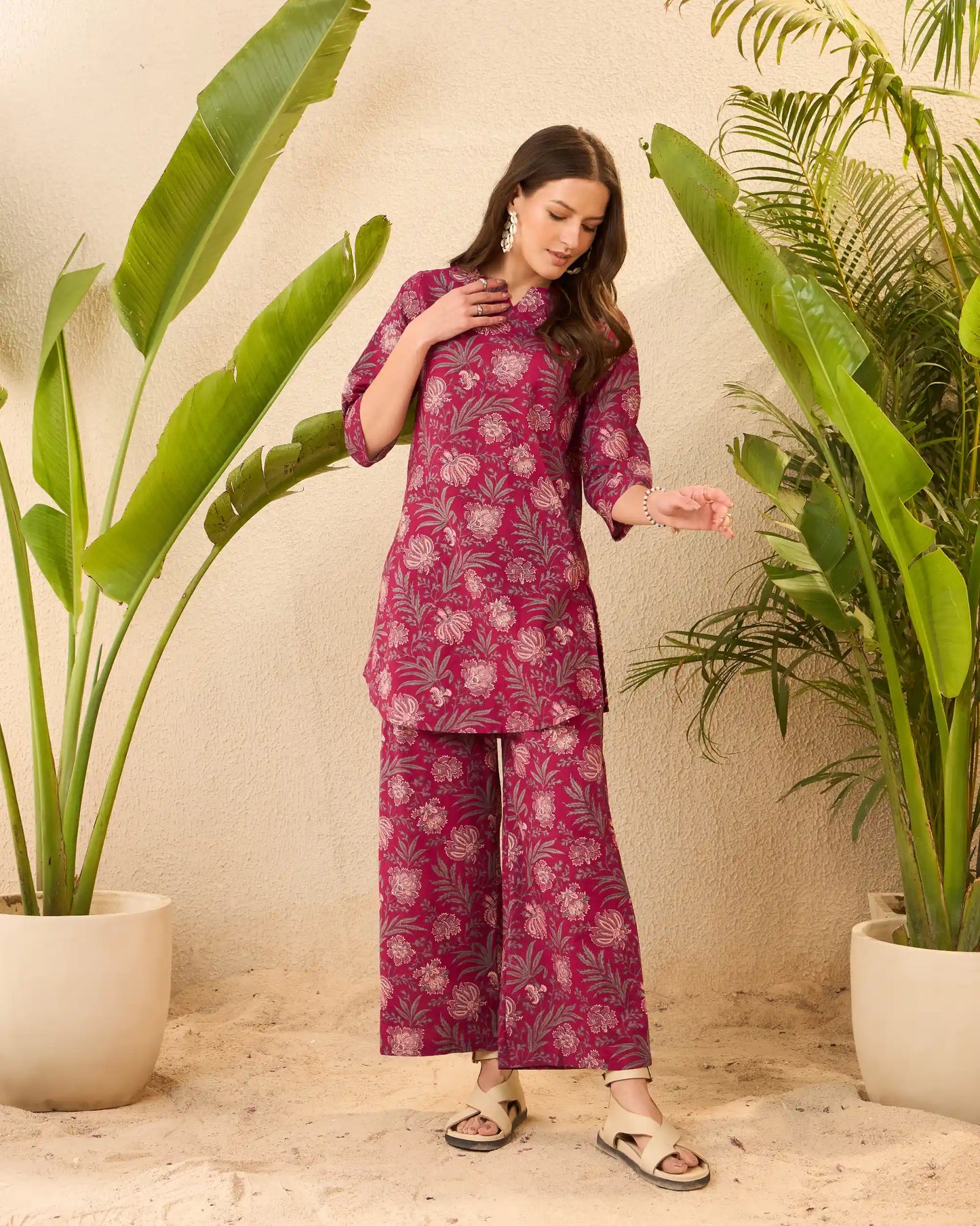 Maroon Floral Pure Cotton Round Neck Top & Palazzo Co-Ord Set