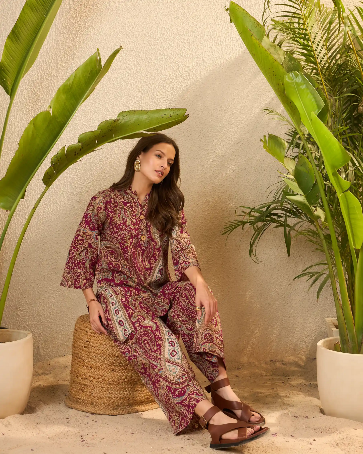 IMANA Maroon Paisley Pure Cotton Mandarin Collar Co-Ord Set