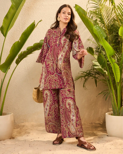 IMANA Maroon Paisley Pure Cotton Mandarin Collar Co-Ord Set