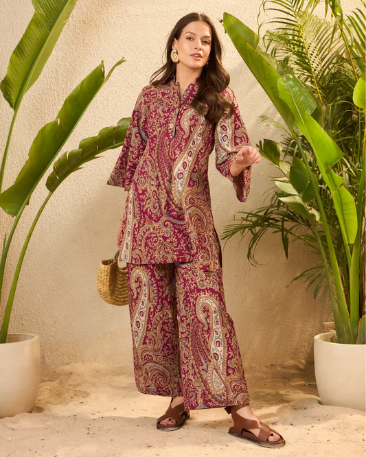 IMANA Maroon Paisley Pure Cotton Mandarin Collar Co-Ord Set