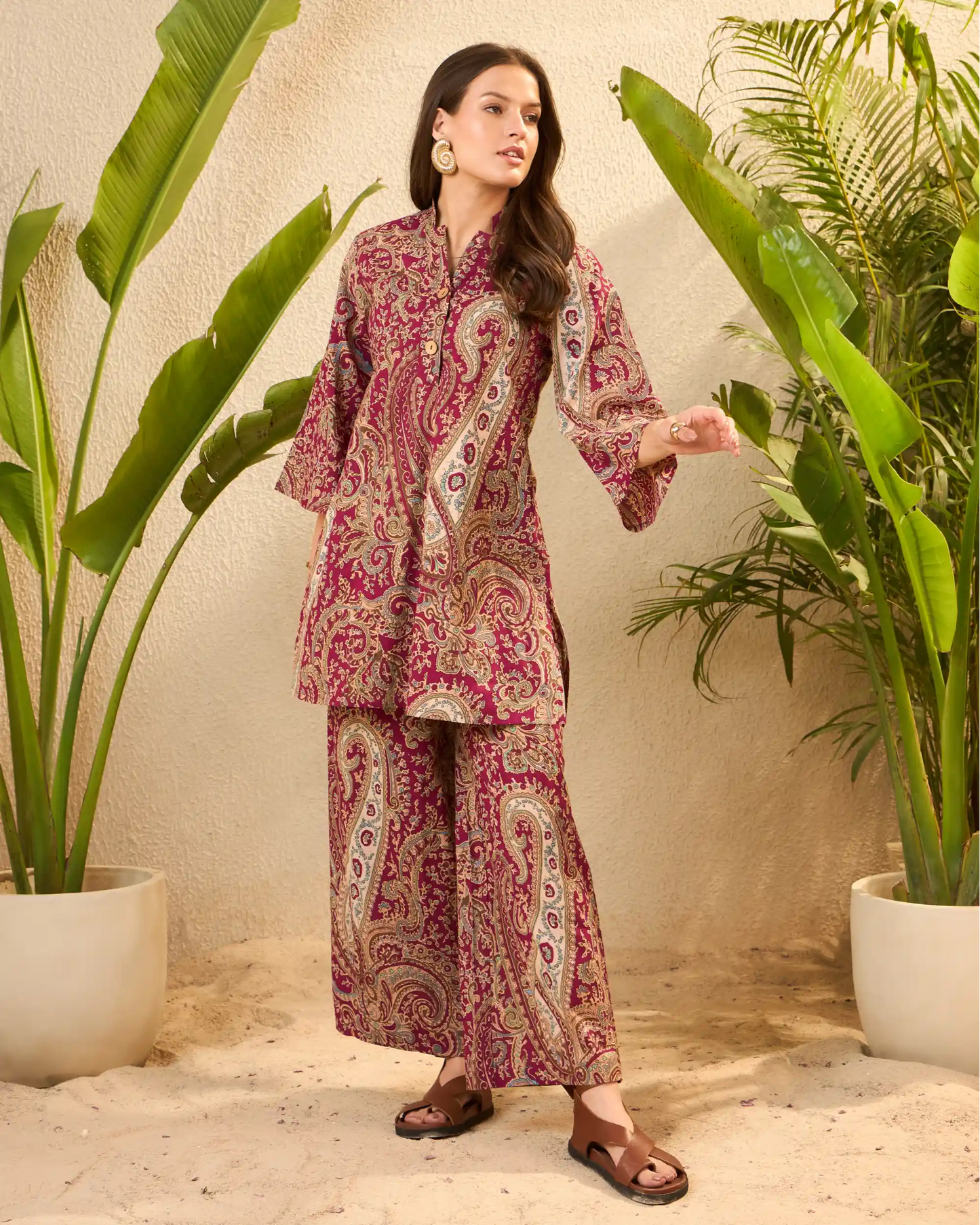 IMANA Maroon Paisley Pure Cotton Mandarin Collar Co-Ord Set