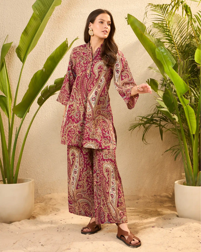IMANA Maroon Paisley Pure Cotton Mandarin Collar Co-Ord Set