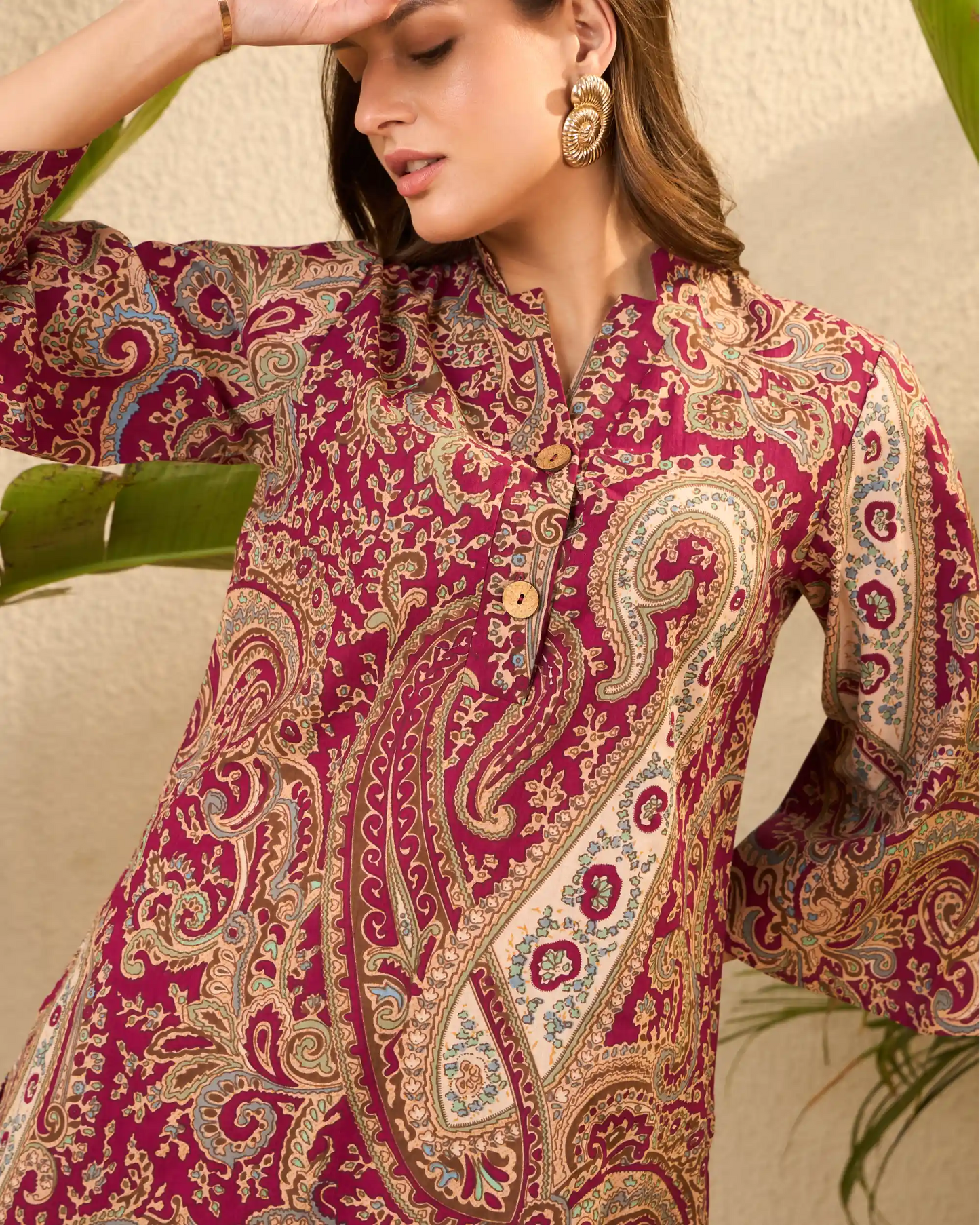 IMANA Maroon Paisley Pure Cotton Mandarin Collar Co-Ord Set