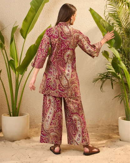 IMANA Maroon Paisley Pure Cotton Mandarin Collar Co-Ord Set