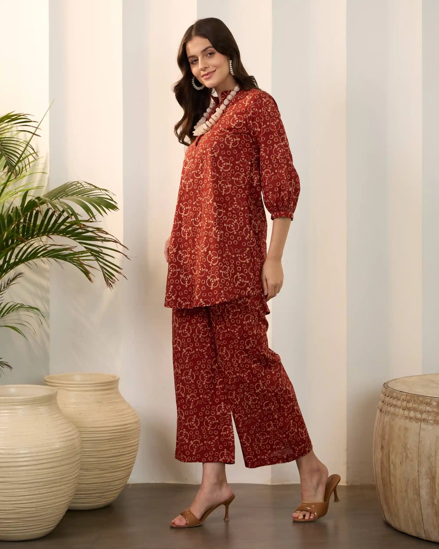 Maroon Printed Pure Cotton Mandarin Neck Tunic & Palazzo Set