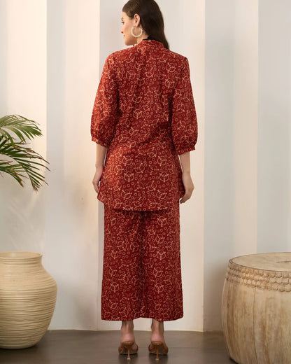 Maroon Printed Pure Cotton Mandarin Neck Tunic & Palazzo Set
