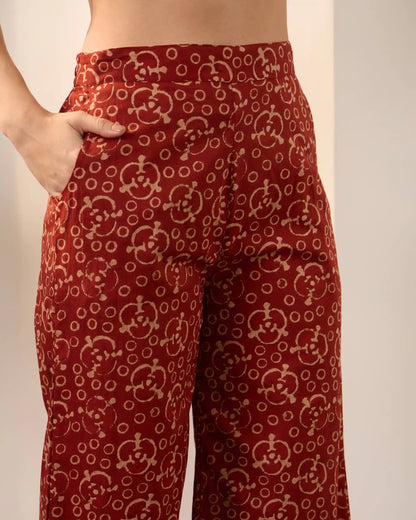 Maroon Printed Pure Cotton Mandarin Neck Tunic & Palazzo Set