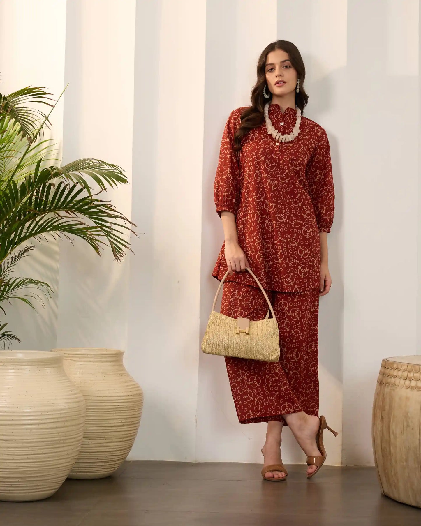 Maroon Printed Pure Cotton Mandarin Neck Tunic & Palazzo Set