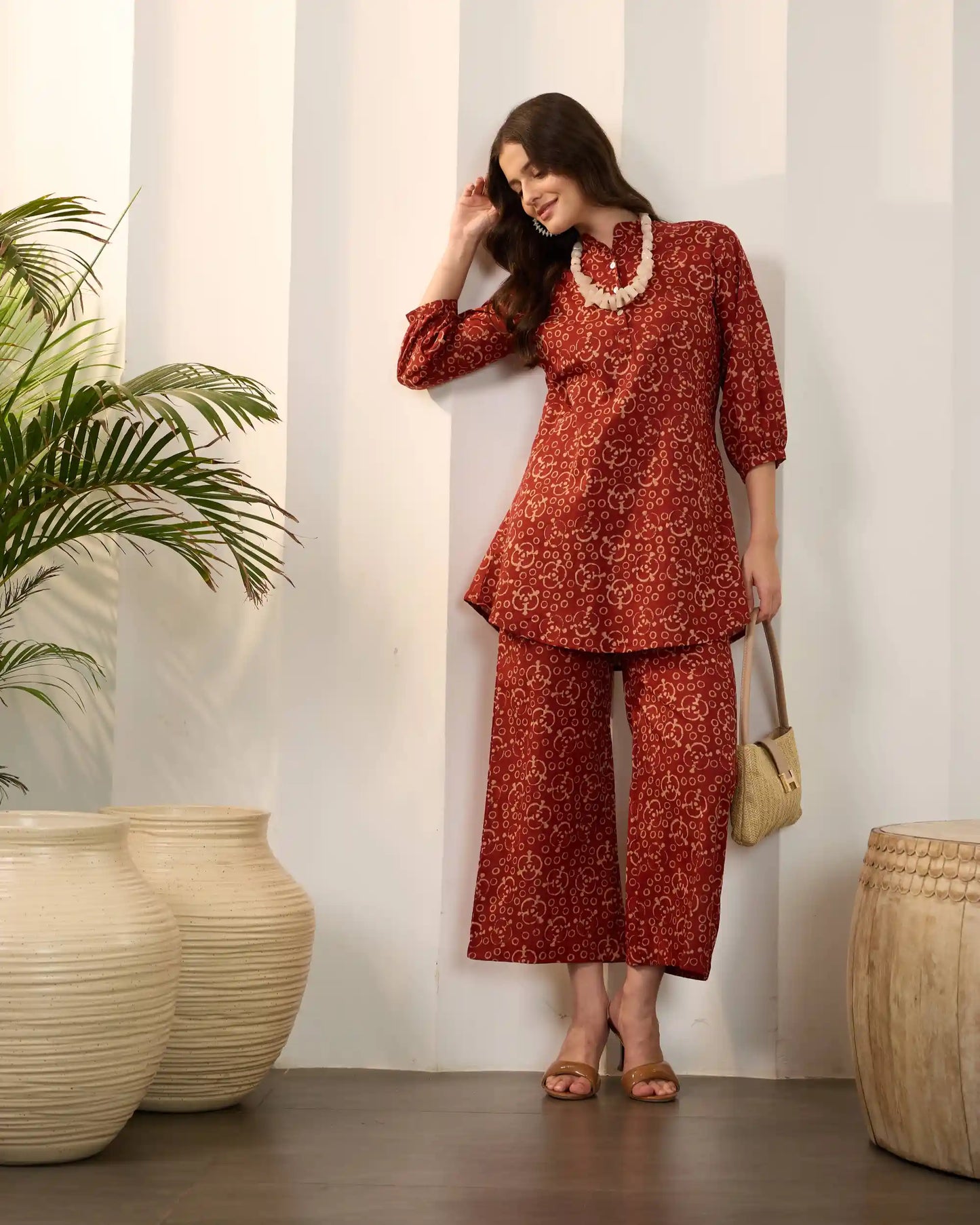 Maroon Printed Pure Cotton Mandarin Neck Tunic & Palazzo Set
