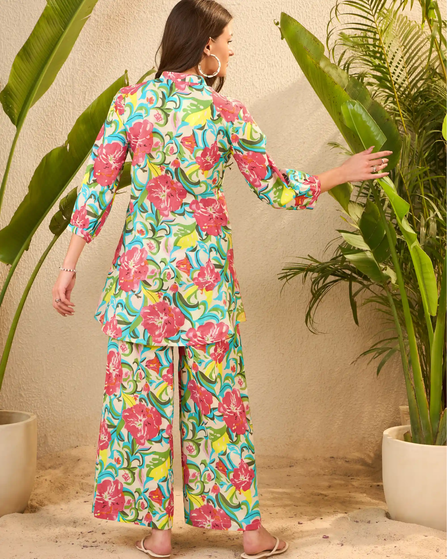 Multicolor Tropical Pure Cotton Mandarin Neck Co-Ord Set