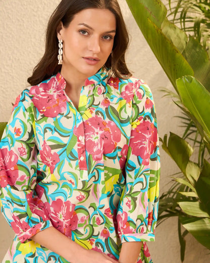 Multicolor Tropical Pure Cotton Mandarin Neck Co-Ord Set