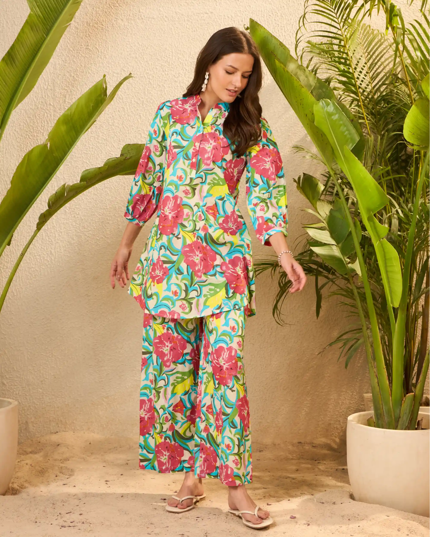 Multicolor Tropical Pure Cotton Mandarin Neck Co-Ord Set