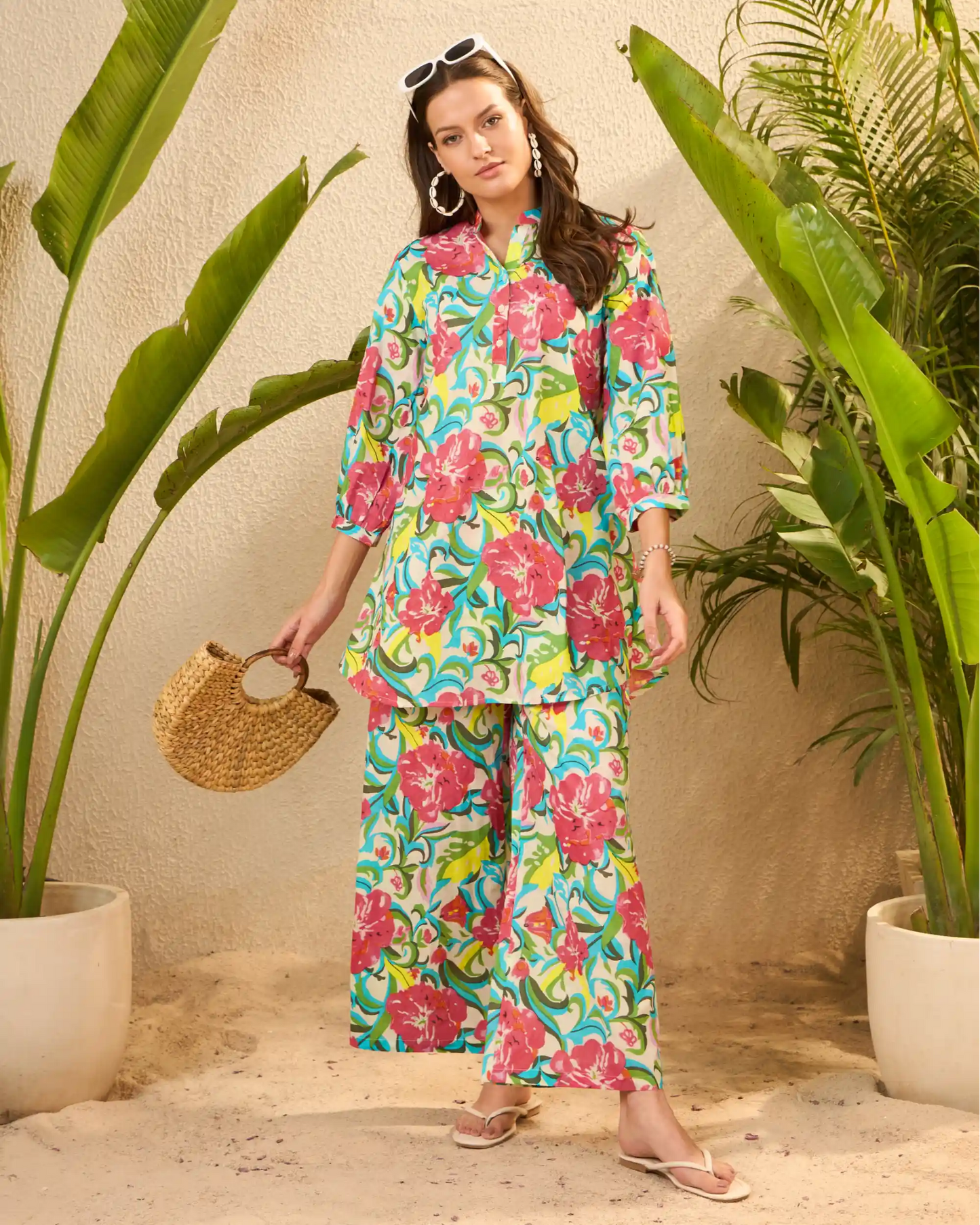 Multicolor Tropical Pure Cotton Mandarin Neck Co-Ord Set