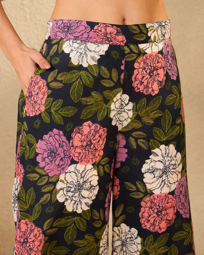 Navy Floral Pure Cotton Top & Trouser Co-Ord Set