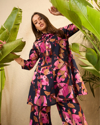 Navy Floral Pure Cotton Tunic & Palazzo Co-Ord Set