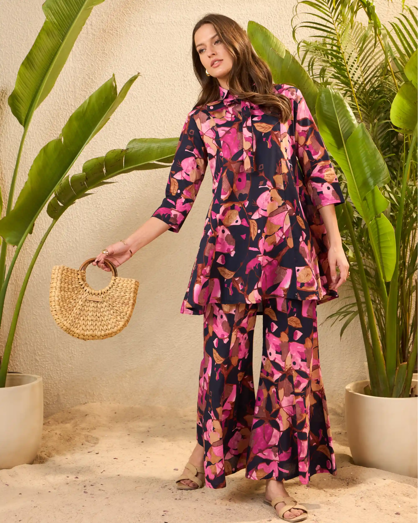 Navy Floral Pure Cotton Tunic & Palazzo Co-Ord Set