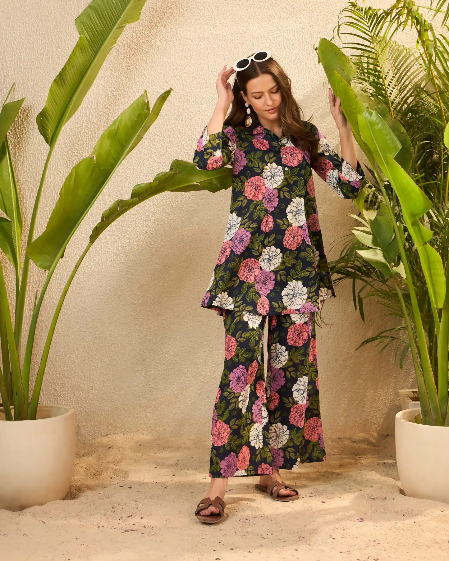 Navy Floral Pure Cotton Top & Trouser Co-Ord Set