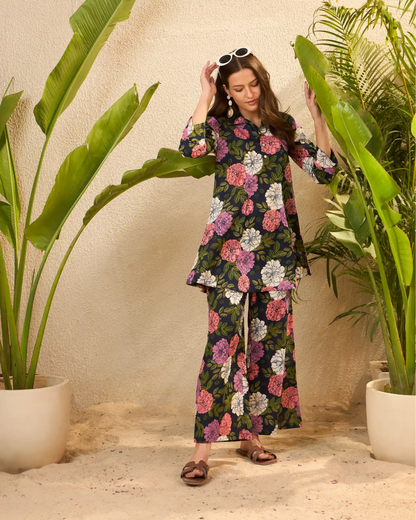 Navy Floral Pure Cotton Top & Trouser Co-Ord Set