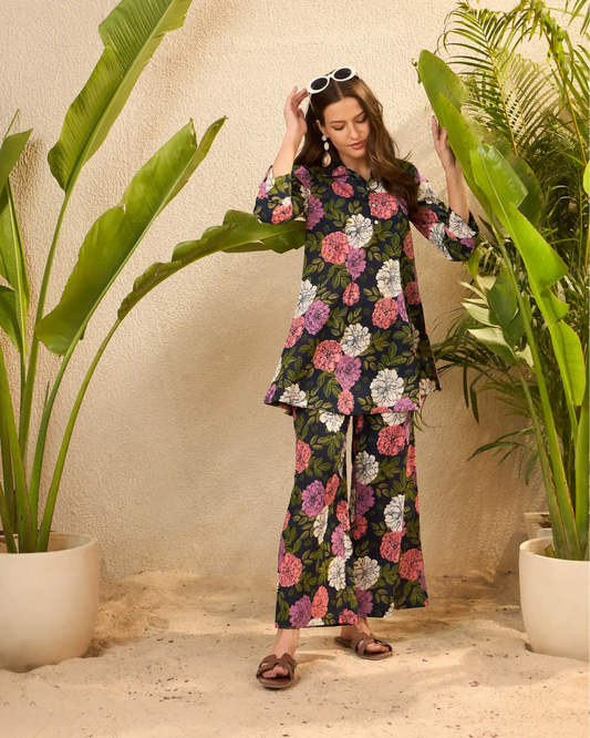 Navy Floral Pure Cotton Top & Trouser Co-Ord Set