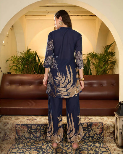Navy Floral Pure Cotton Mandarin Neck Top & Trouser Set