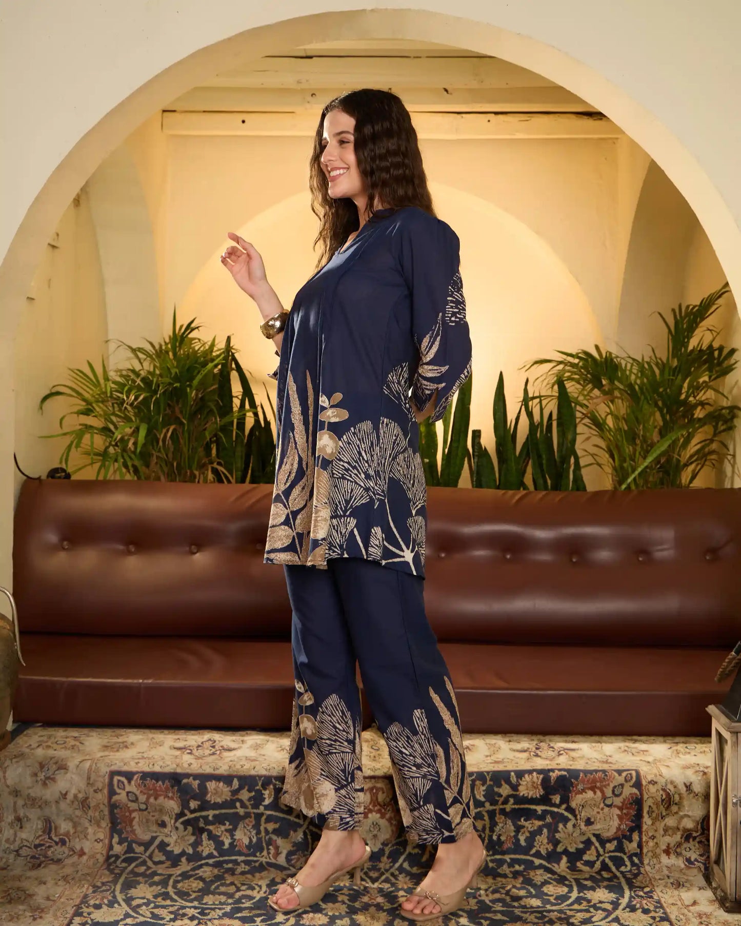 Navy Floral Pure Cotton Mandarin Neck Top & Trouser Set