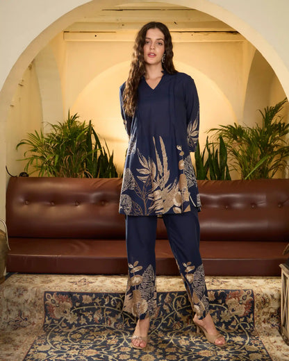 Navy Floral Pure Cotton Mandarin Neck Top & Trouser Set