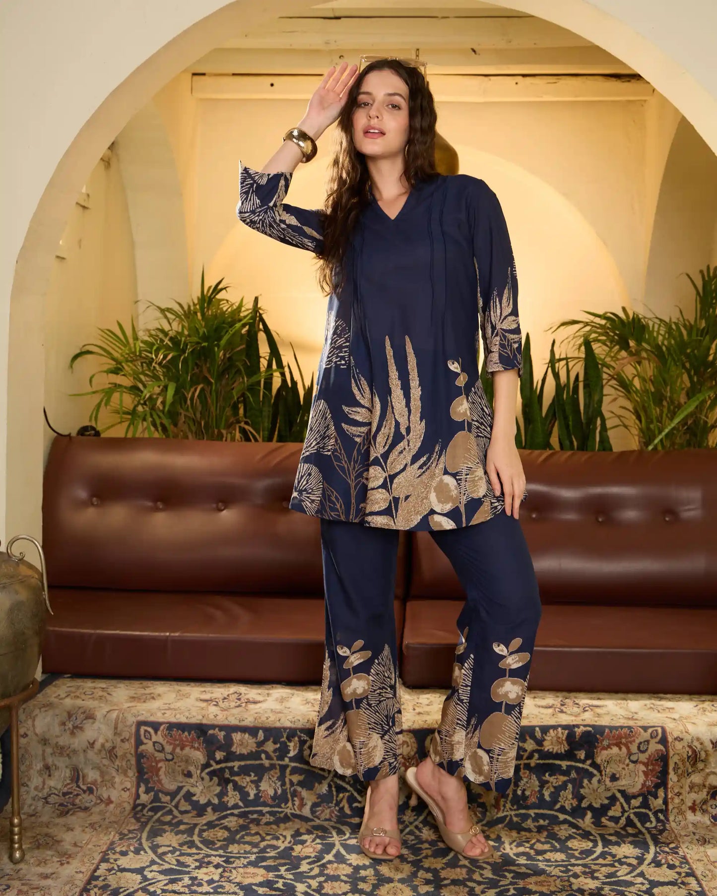 Navy Floral Pure Cotton Mandarin Neck Top & Trouser Set
