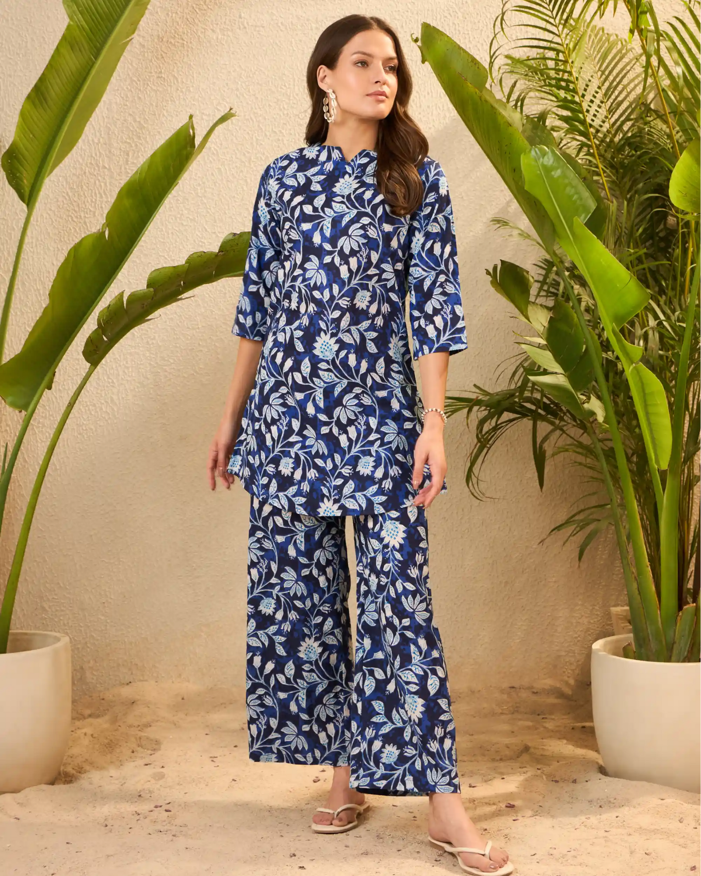 Navy Floral Pure Cotton Notch Neck Top & Palazzo Co-Ord Set