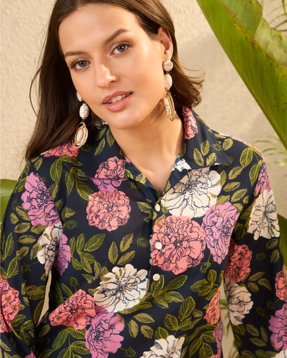 Navy Floral Pure Cotton Top & Trouser Co-Ord Set