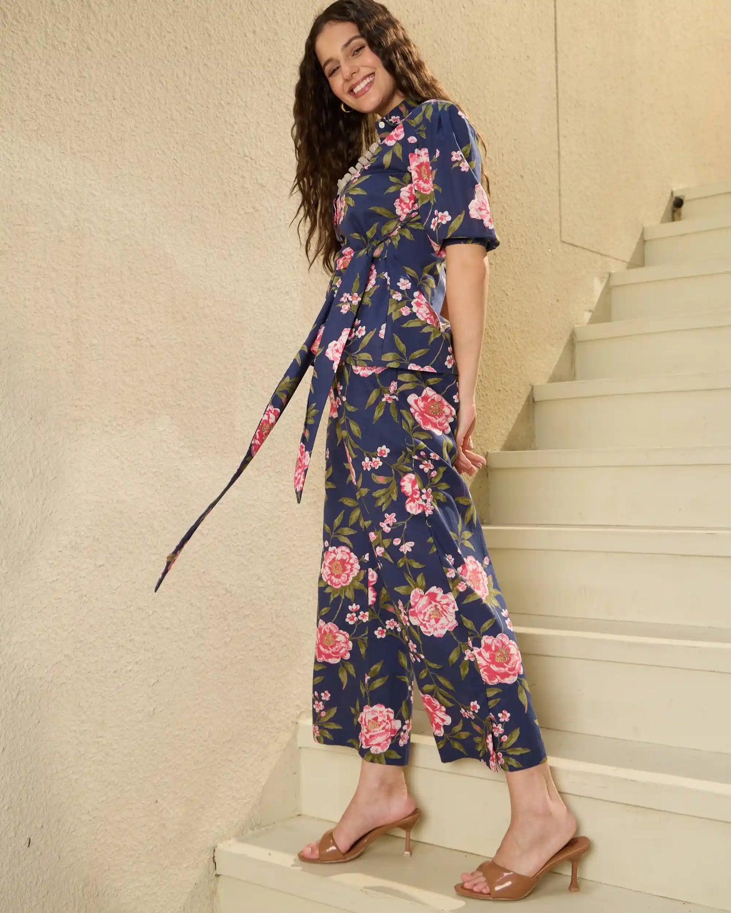 Navy Floral Pure Cotton Shirt Collar Co-Ord Set with Trousers